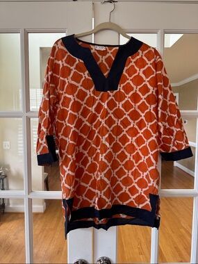 Orange and White Geometric Tunic with Navy Trim